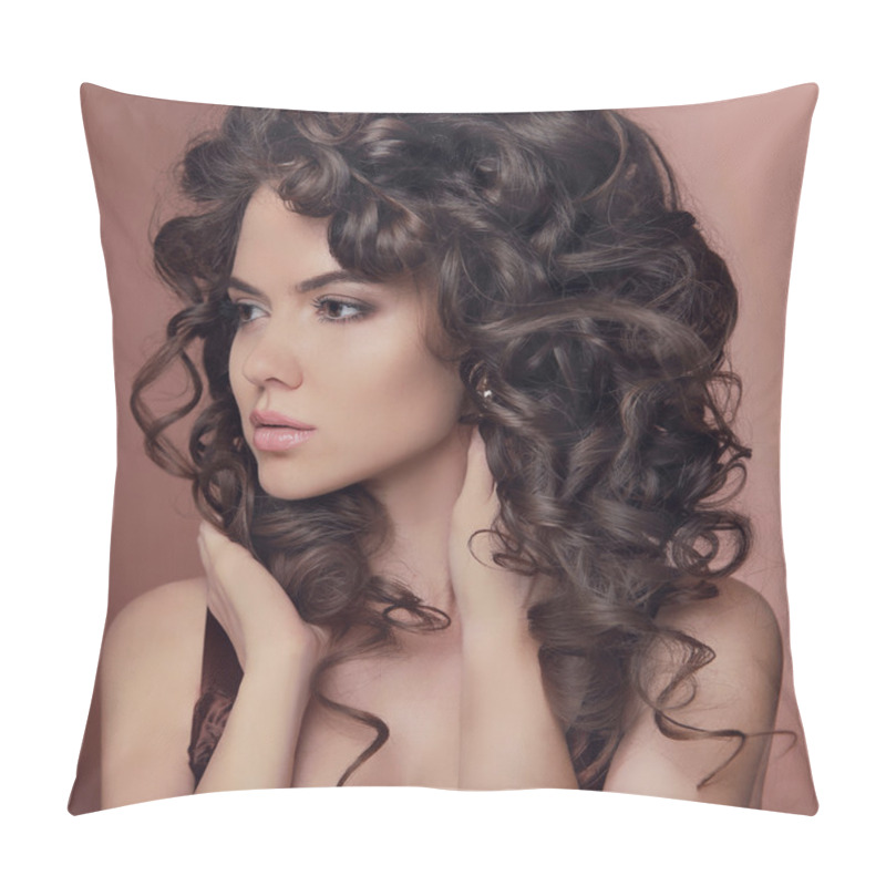 Personality  Healthy Hair. Curly Hairstyle. Brunette Girl Model. Beautiful Yo Pillow Covers