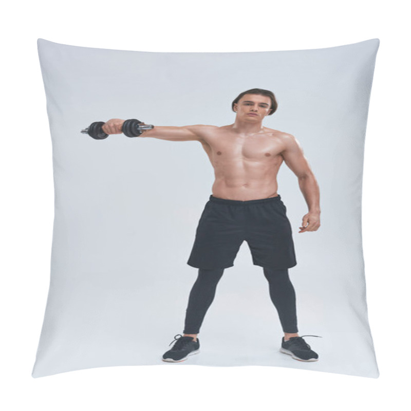 Personality  Attractive Athletic Man Posing Topless Exercising Actively With Dumbbell And Looking At Camera Pillow Covers