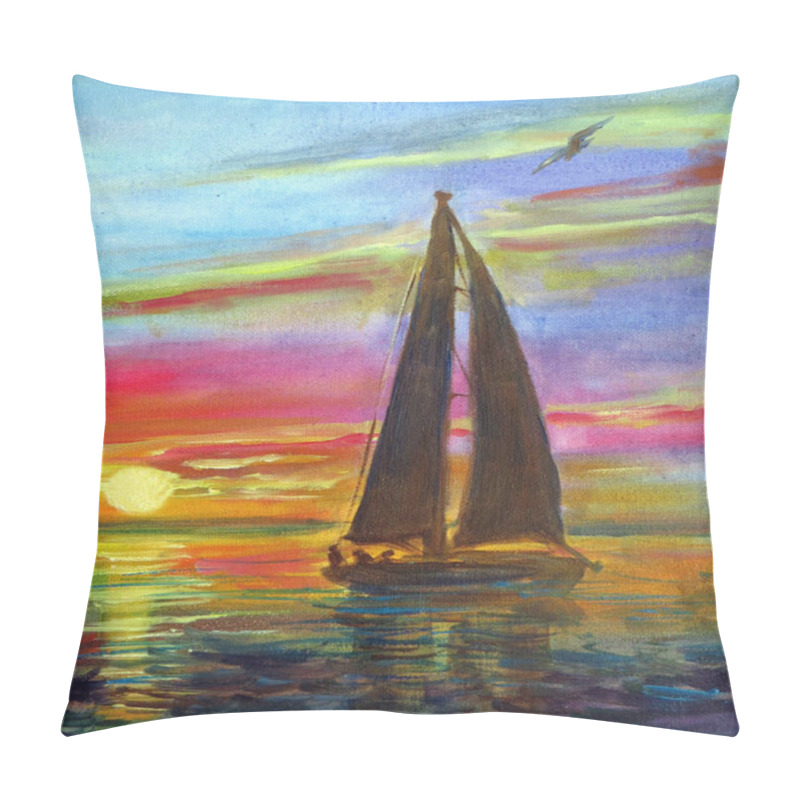 Personality  Silhouette Of A Sailing Yacht Against The Backdrop Of A Bright Sea Sunset, Oil Painting Pillow Covers