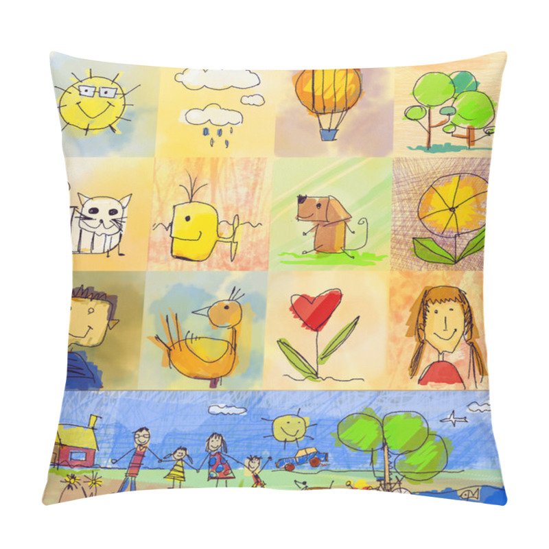 Personality  Collection Of Cute Drawings Of Kids, Children's Drawing Styles. Seamless And Multicolored Symbols Set With  Human Family, Animals, Nature, Objects On Colorful Background. Happy Family Concept Pillow Covers