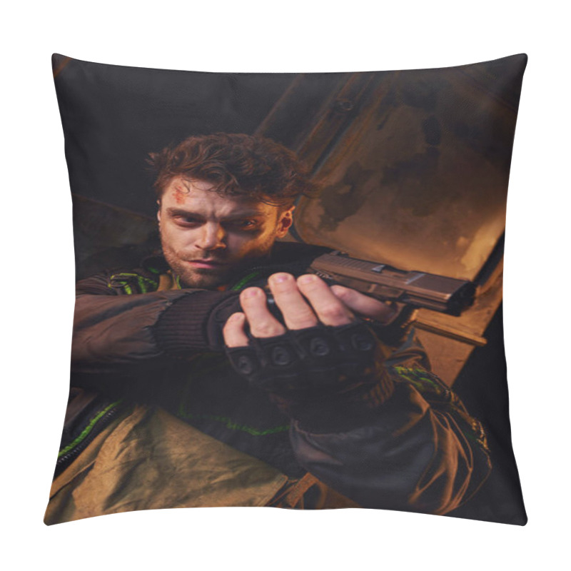 Personality  Unshaven Man With Scratched Face Aiming With Gun In Darkness Of Abandoned Post-apocalyptic Subway Pillow Covers