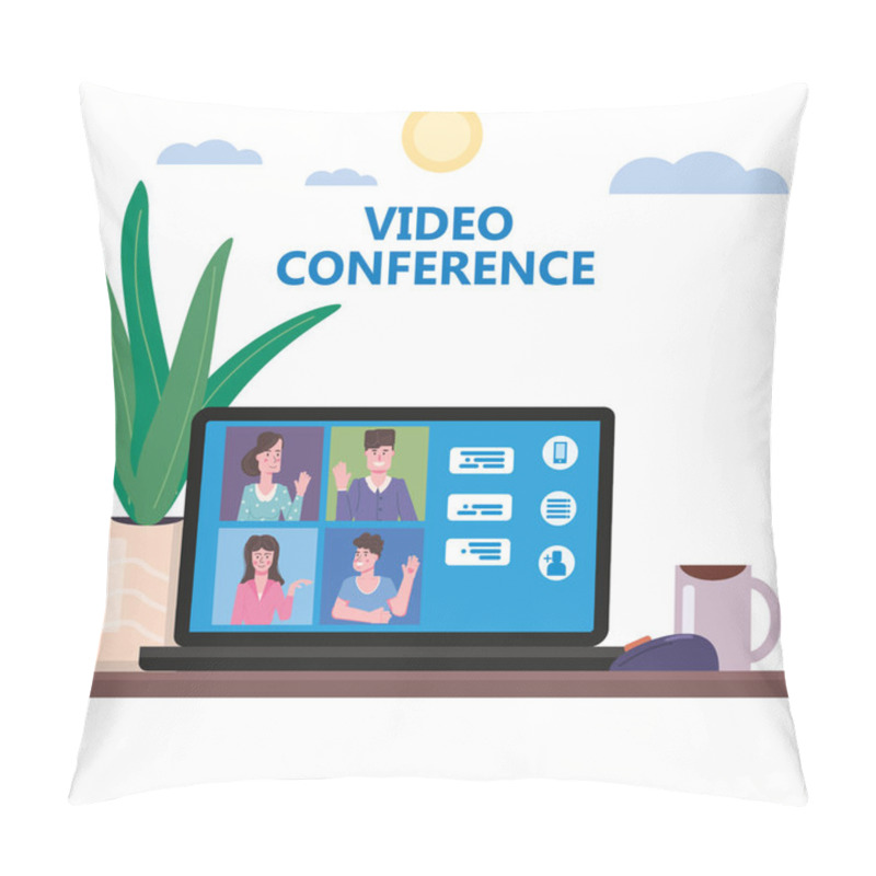 Personality  Video Conference People On Computer Screen Laptop Talking By Internet In Videocall, Chat, UI Software. Online Meeting Team Working From Home Workspace Remote Management Communication Meeting. Vector Pillow Covers