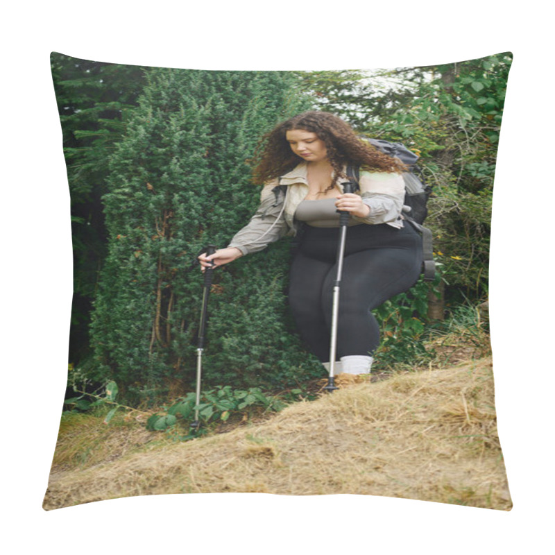 Personality  A Vibrant Plus Size Woman Walks Thoughtfully Through A Lush, Green Landscape. Pillow Covers