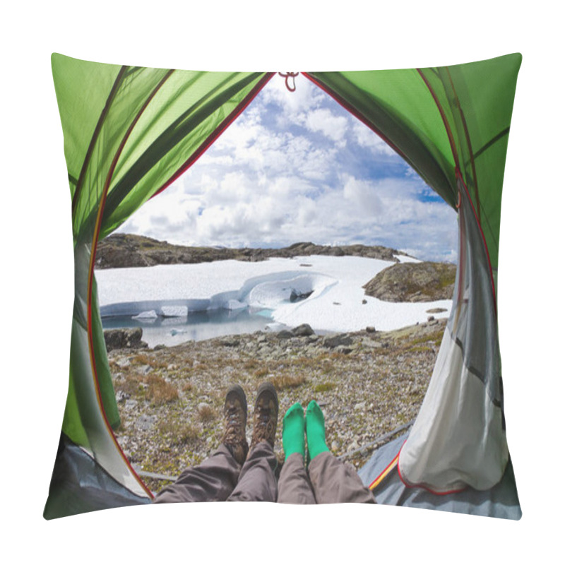 Personality  View From Inside A Tent On A Beautiful Nordic Lake. Tourists Lying In Tent With A View Of Mountain Landscape In Norway Pillow Covers