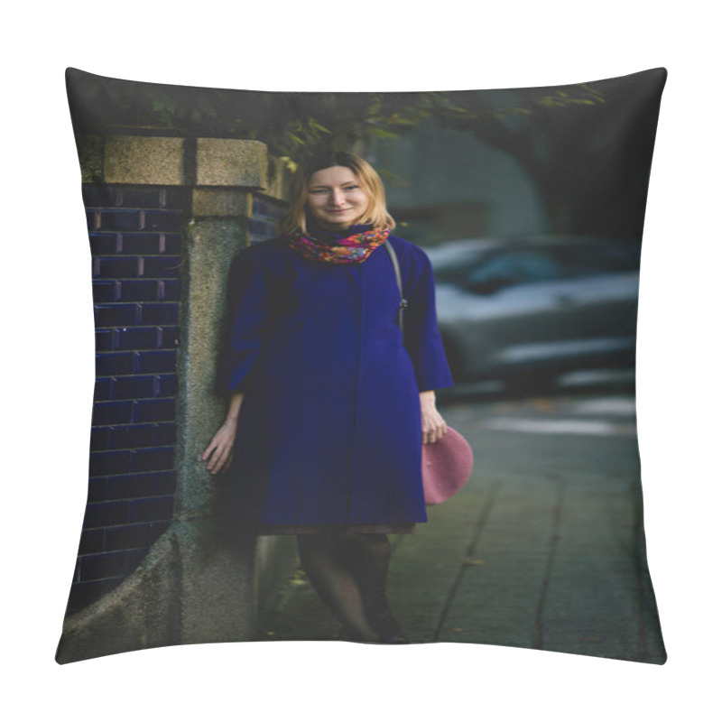 Personality  A Woman In A Coat, Neck Scarf Stands Near A Wall, Holding Her Beret In Her Hand, On An Autumn City Street. Pillow Covers