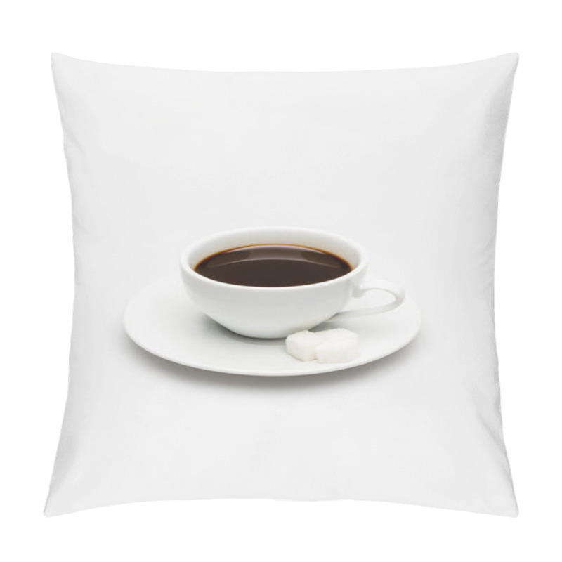 Personality  Cup Of Prepared Coffee And Sugar Cubes On Saucer On White Pillow Covers