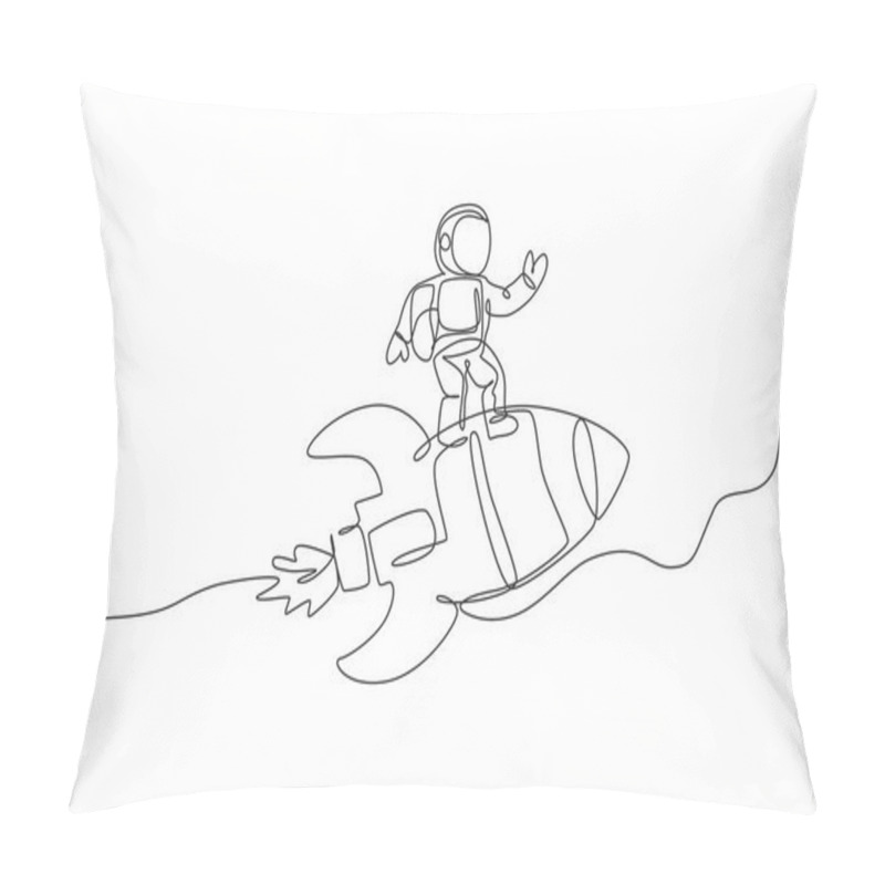 Personality  One Single Line Drawing Of Astronaut In Spacesuit Flying And Discovering Deep Space While Standing On Rocket Spaceship Illustration. Exploring Outer Space Concept. Modern Continuous Line Draw Design Pillow Covers