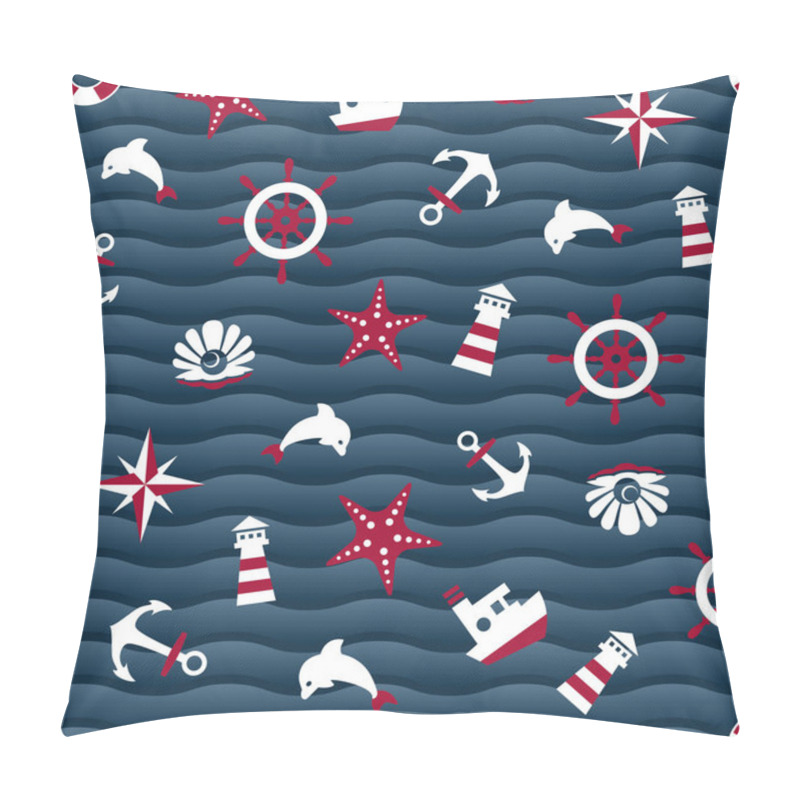 Personality  Sea Symbols On A Blue Wavy Background Pillow Covers