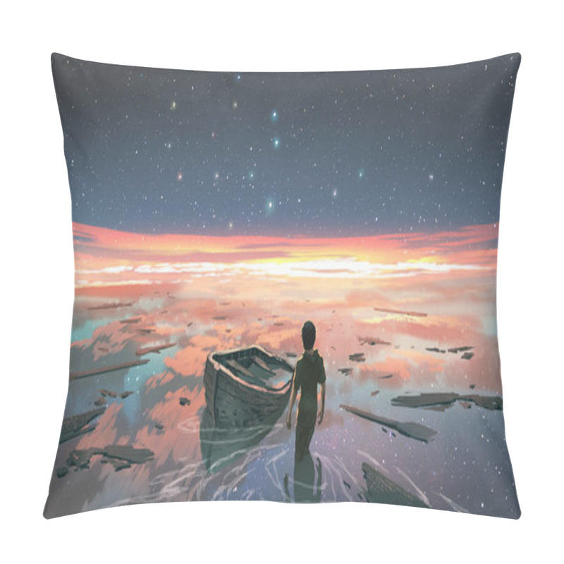 Personality  A Man Standing In A River With His Shipwreck Against The Background Of The Sky Upside Down, Digital Art Style, Illustration Paintin Pillow Covers