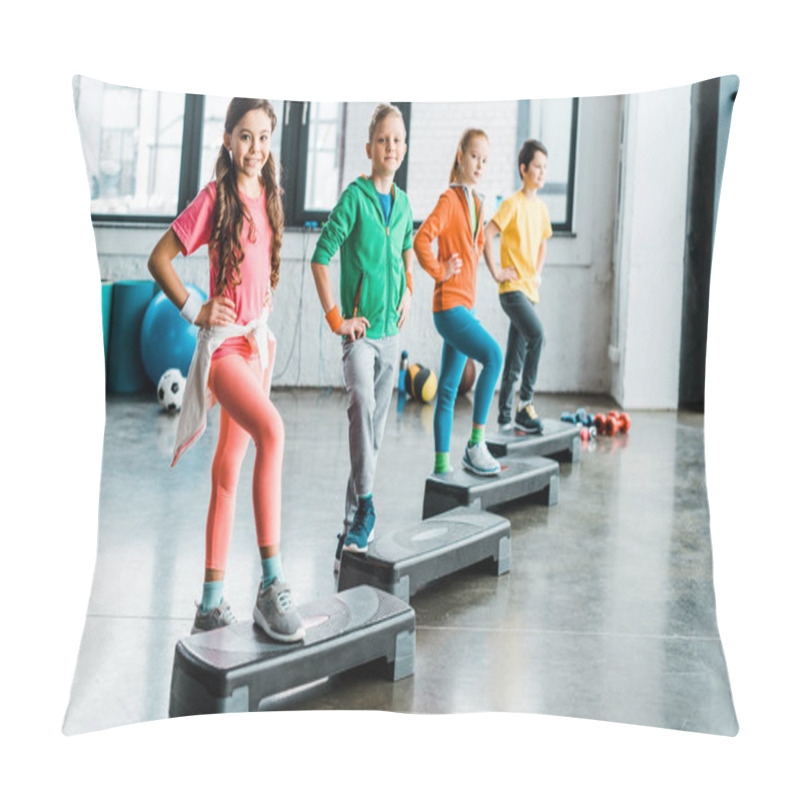 Personality  Group Of Kids Using Step Platforms In Gym Pillow Covers