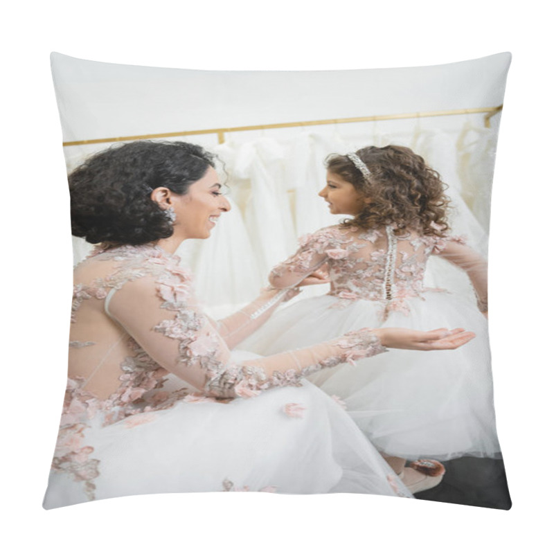 Personality  Happy Middle Eastern Woman With Brunette Wavy Hair In Floral Wedding Dress Looking At Tulle Skirt Of Smiling Daughter In Cute Attire In Bridal Salon, Shopping, Special Moment, Togetherness  Pillow Covers