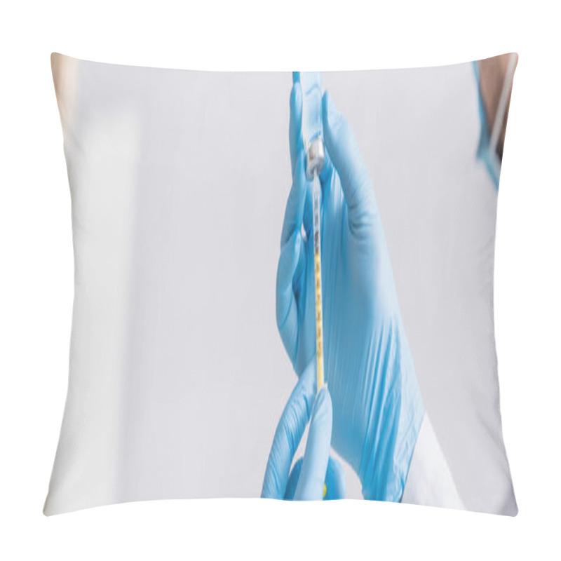 Personality  Partial View Of Doctor In Blue Latex Gloves Filling Syringe With Coronavirus Vaccine, Banner Pillow Covers