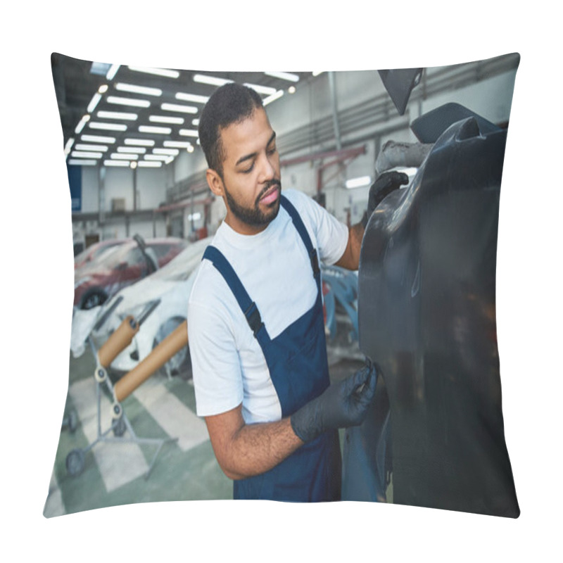 Personality  Skilled Mechanic Works Diligently On A Car In A Well Lit Auto Repair Shop Filled With Vehicles. Pillow Covers