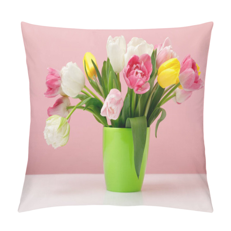 Personality  Tender Blooming Tulips In Vase On Pink Background Pillow Covers