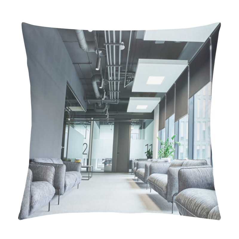 Personality  Spacious Waiting Area With Grey And Comfortable Sofas, Large Windows And Green Plants In Contemporary Office Environment, Workspace Organization Concept Pillow Covers