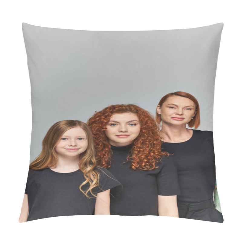 Personality  Happy Women Red Hair Posing With Girl In Matching Outfits On Grey Backdrop, Three Generations Pillow Covers