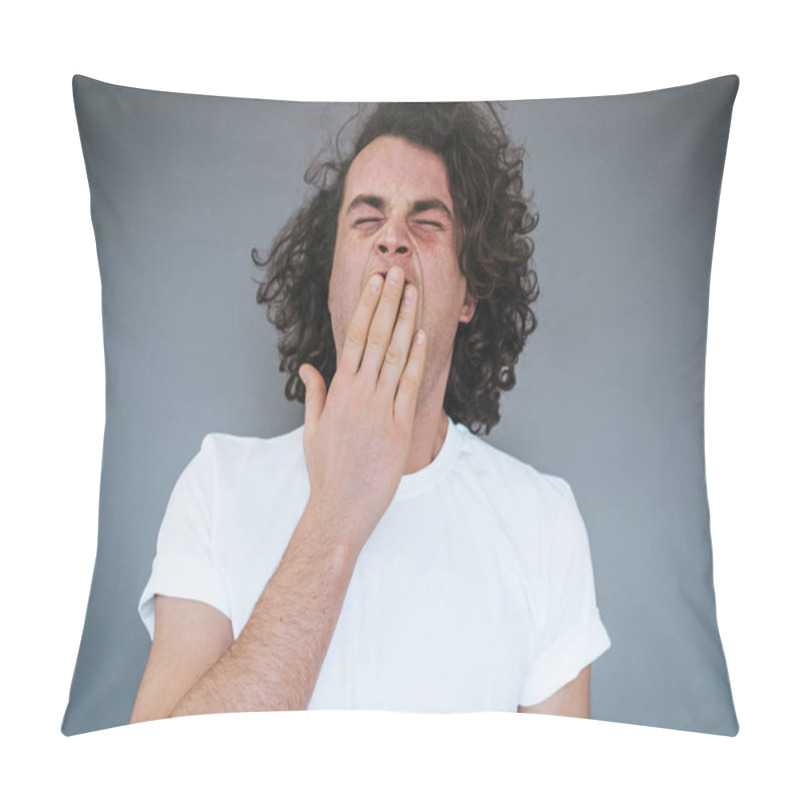 Personality  Portrait Of Tired Or Bored Caucasian Young Male Model With Curly Hair Covering Mouth While Yawning, Feeling Exhausted After Overwork. Student Stylish Man Having Sleepy Look After Lessons. Pillow Covers