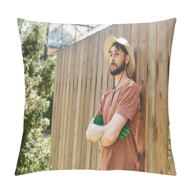 Personality  Handsome And Bearded Farmer In Sun Hat Standing With Crossed Arms Near Fence In Countryside Pillow Covers