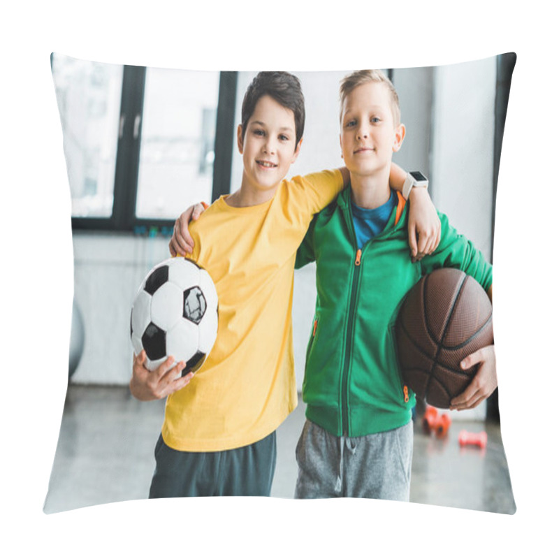 Personality  Pleased Boys Embracing While Posing With Balls Pillow Covers