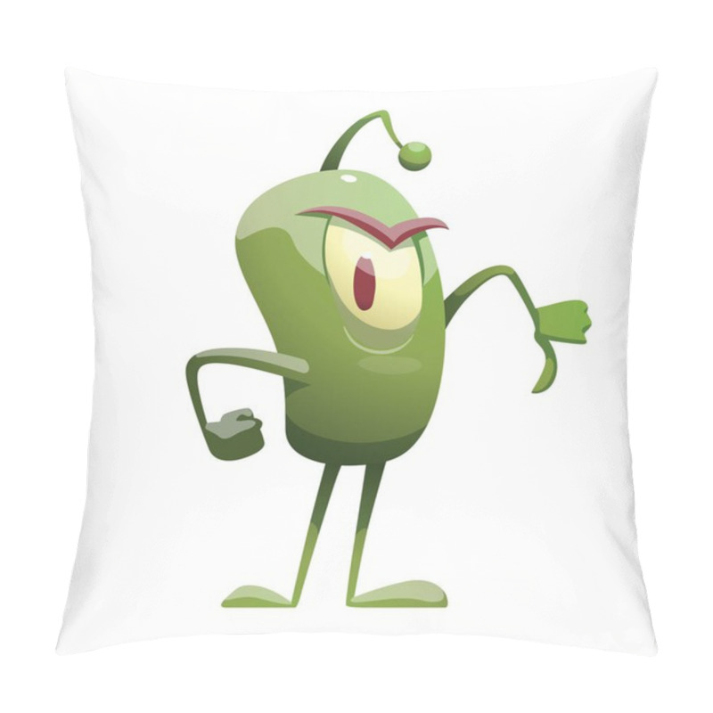 Personality  Funny green microbe showing thumb down pillow covers