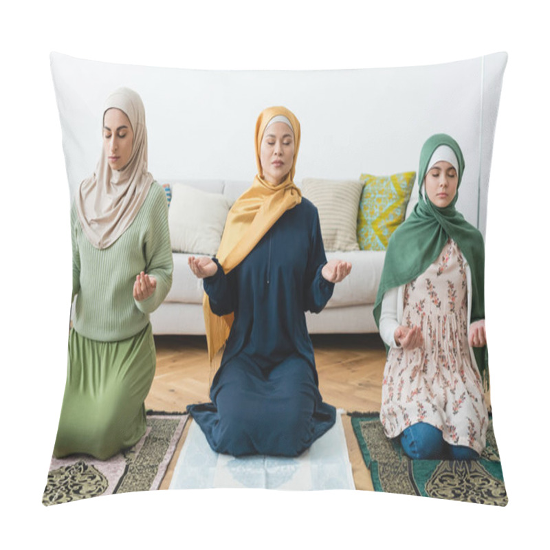 Personality  Multiethnic Women And Teenager Praying With Closed Eyes At Home  Pillow Covers