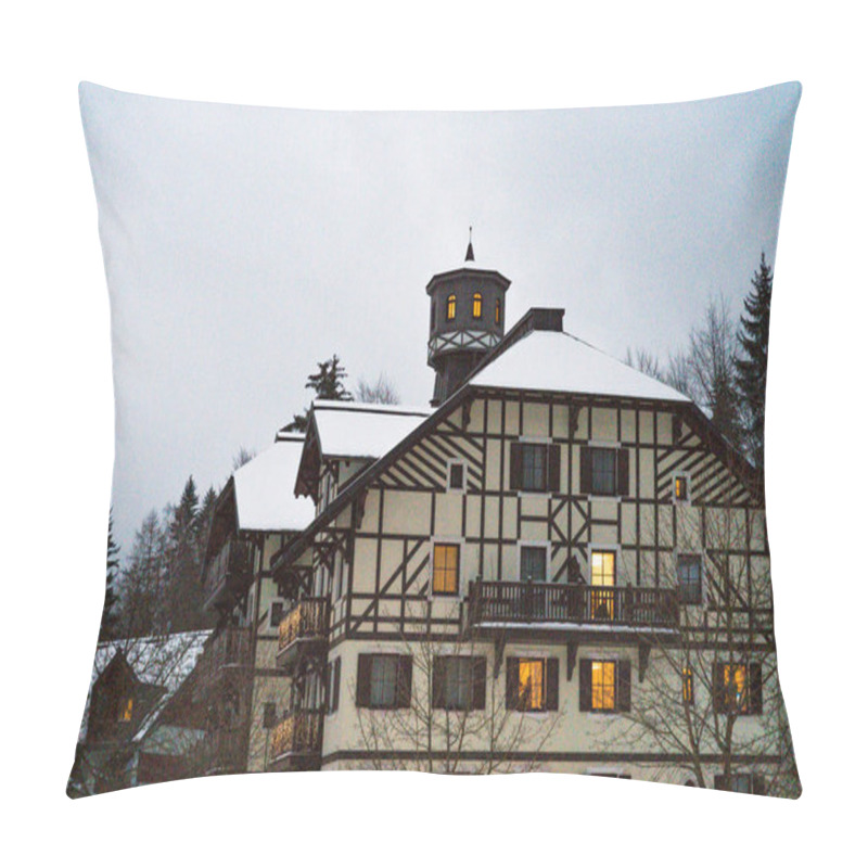 Personality  Spindleruv Mlyn, Czech Republic - January 3, 2025: Scenic View Of A Traditional Alpine-style Hotel Savoy With Snow-covered Rooftops And Warm Glowing Windows, Creating Picturesque Winter Atmosphere. Pillow Covers