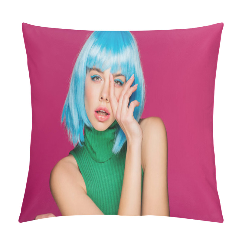 Personality  Beautiful Fashionable Girl Posing In Blue Wig, Isolated On Pink Pillow Covers