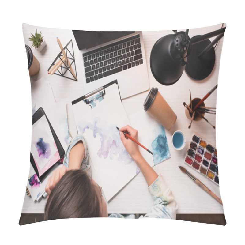 Personality  Office Desk With Laptop, Art Supplies And Drawing Female Artist, Flat Lay Pillow Covers