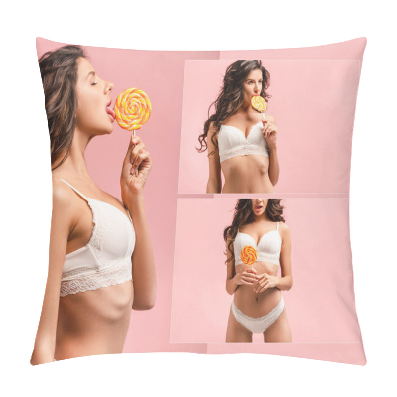 Personality  Collage Of Sexy Woman Sucking And Licking Lollipop On Pink Pillow Covers