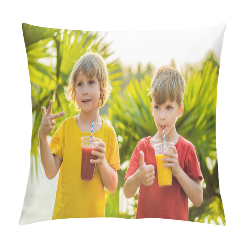 Personality  Two Boys Drink Healthy Smoothies Against The Backdrop Of Palm Trees. Mango And Watermelon Smoothies. Healthy Nutrition And Vitamins For Children Pillow Covers