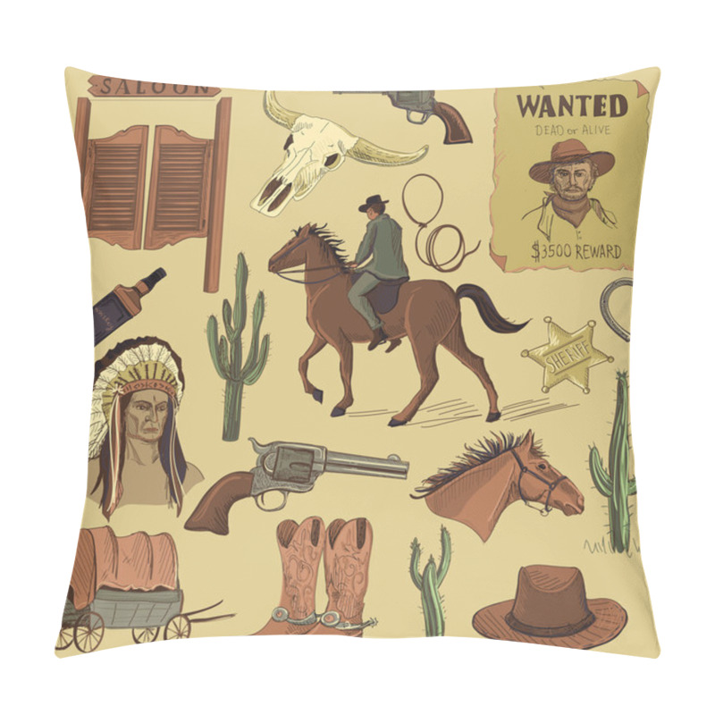 Personality  Hand Drawn Wild West Icons Set Pillow Covers