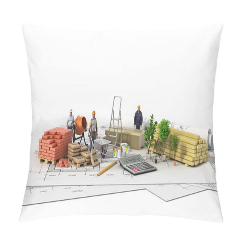 Personality  Construction Materials With Blueprint On The Wtite Background. Pillow Covers