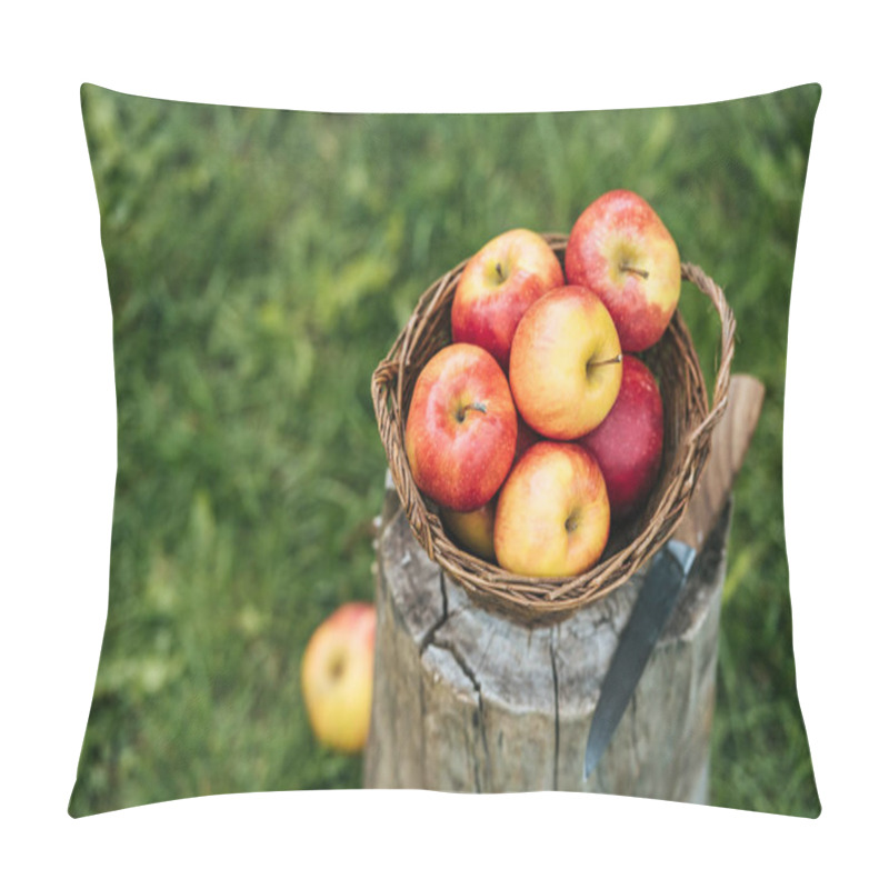 Personality  Fresh Picked Apples In Wicker Basket With Knife Standing On Stump Pillow Covers