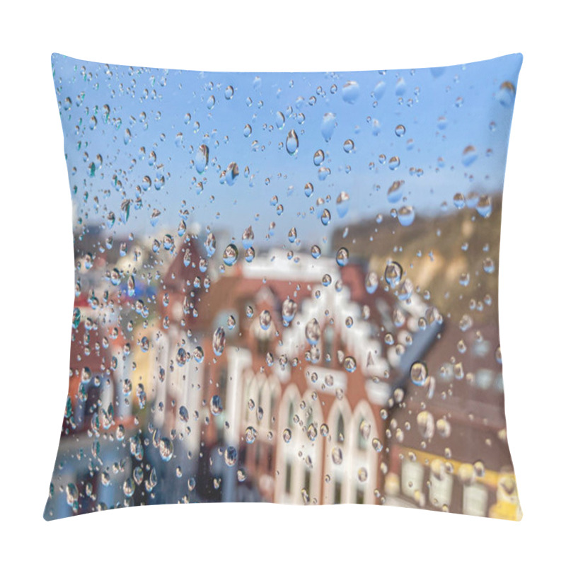 Personality  A Rainy Urban Scene With Residential Buildings, Trees, And Soft, Diffused Sunlight Through Raindrops On A Window Warmth And Homeliness Conveyed By Muted Yet Vibrant Colors Birds Eye View, With Foc Pillow Covers