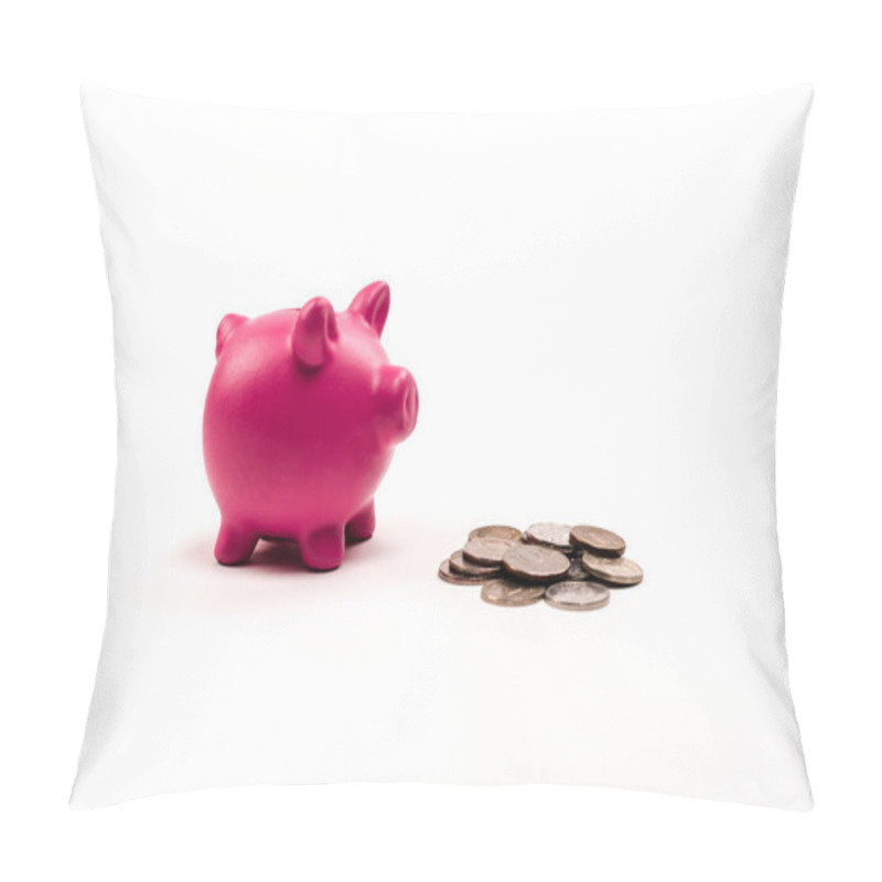 Personality  Pink Piggy Bank Near Silver And Golden Coins On White  Pillow Covers