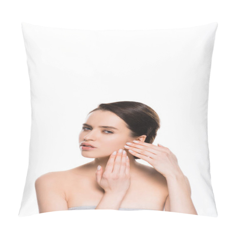 Personality  Beautiful And Upset Young Woman Touching Skin Isolated On White  Pillow Covers