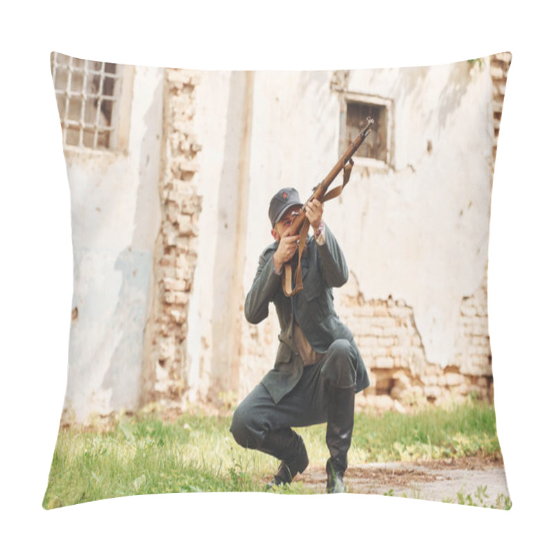 Personality  TERNOPIL, UKRAINE - June 2020 UPA Ukrainian Insurgent Army Movie Filming. Pictures Of Backstage. Young Soldier With Weapon Near Old Building. Pillow Covers