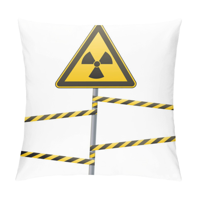 Personality  Warning Sign On A Pole And Warning Bands. Sign Of Radiation Hazards. Vector Illustration. Pillow Covers