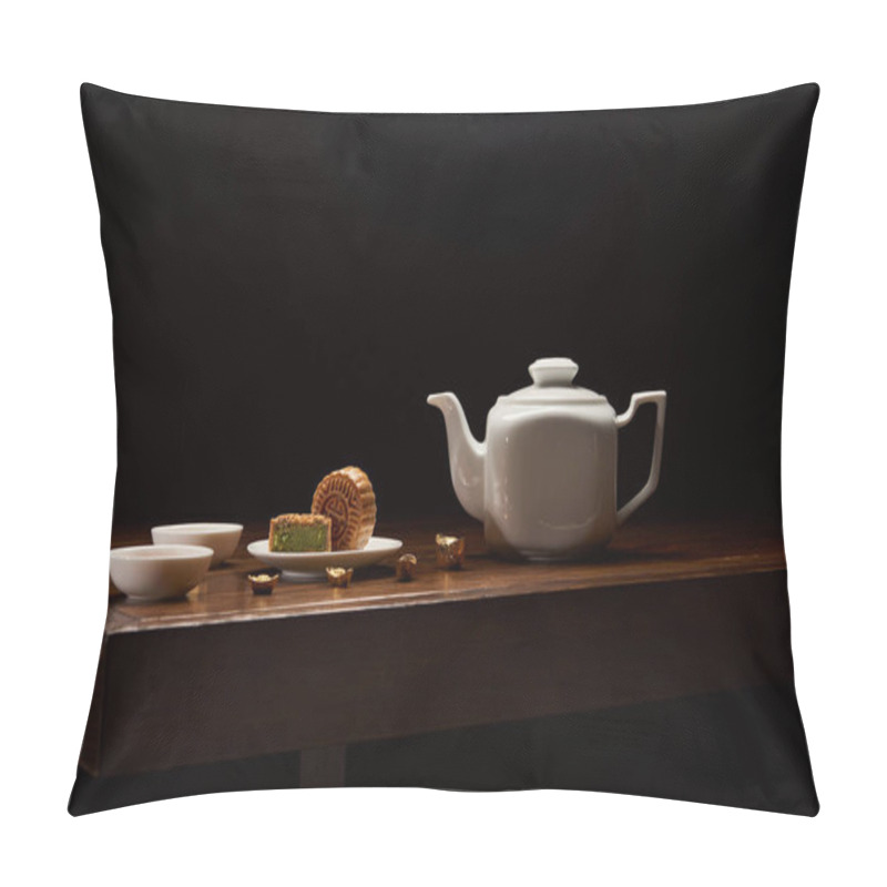 Personality  Traditional Chinese Mooncakes, Tea Pot And Gold Ingots On Wooden Table Isolated On Black With Copy Space Pillow Covers