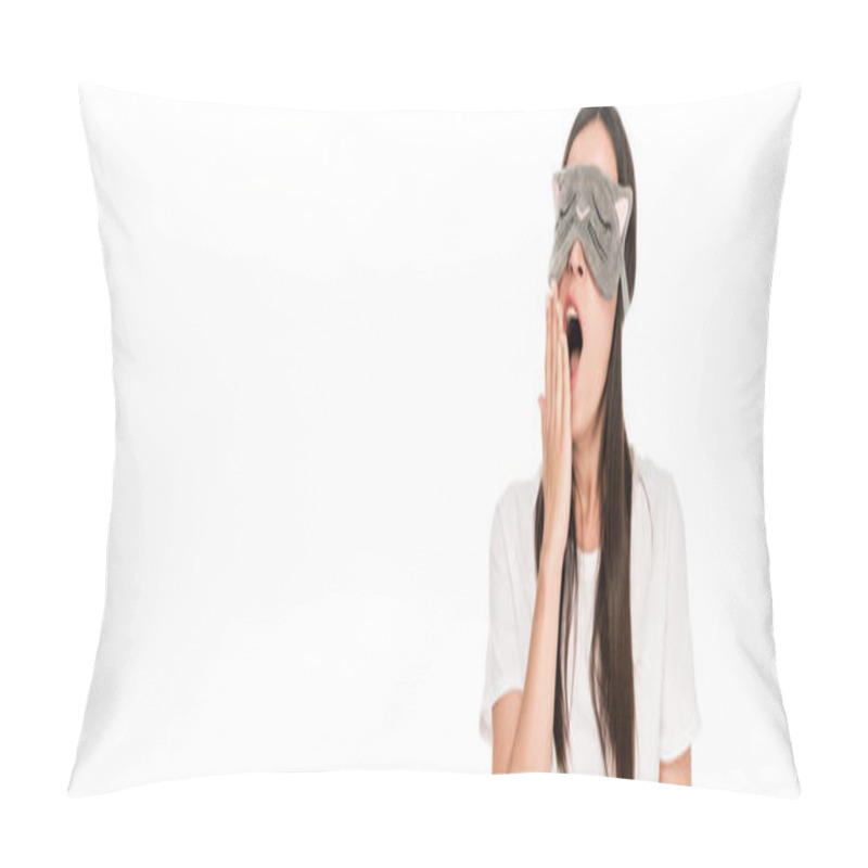 Personality  Brunette Young Woman In Cat Sleeping Eye Mask Yawning Isolated On White, Panoramic Shot Pillow Covers