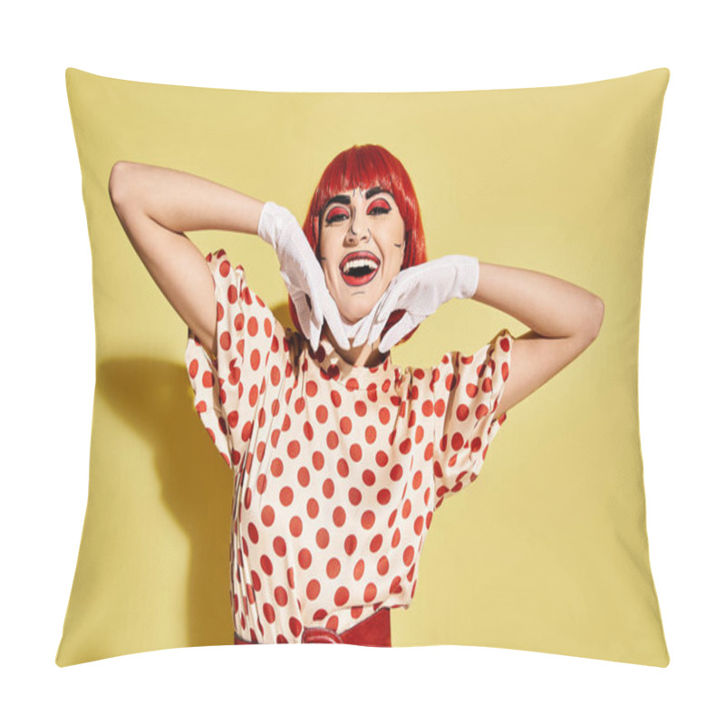 Personality  A Creative Redhead Woman Wearing A Polka Dot Top And Pop Art Makeup, Blending Into A Comic Book World On A Yellow Background. Pillow Covers