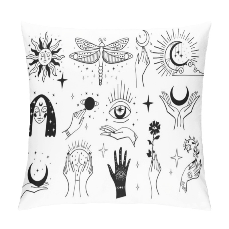 Personality  Set Of Magic Symbols, Witch Tattoos. Crescent Moon, Sun With Face, Hands With Plants, Magic Ball And Stars. Black Linear Sketch, Boho Design, Modern Vector Illustration. Pillow Covers