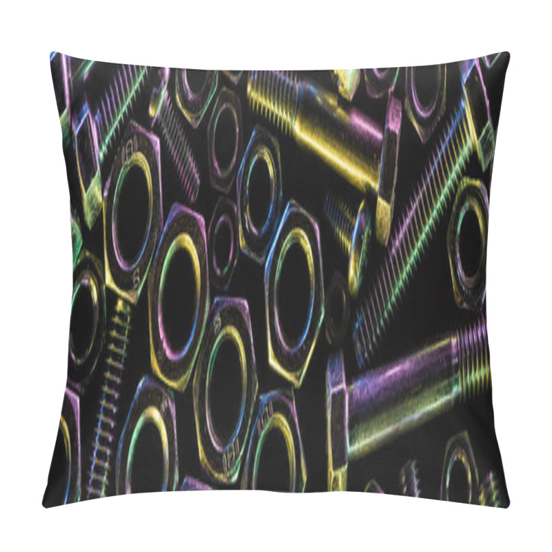 Personality  Panoramic Shot Of Scattered Metallic Bolts And Nuts Isolated On Black Pillow Covers