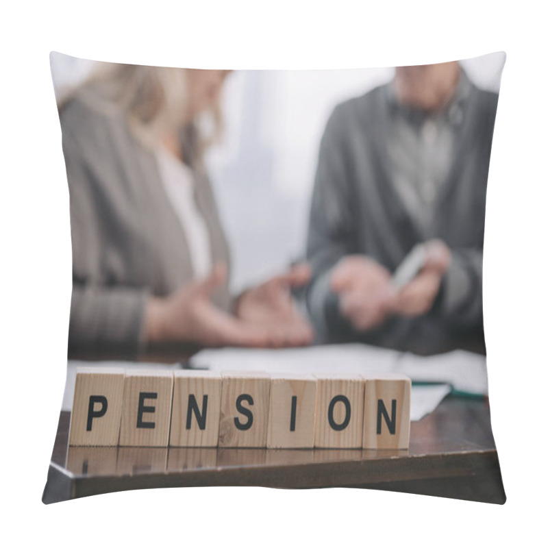 Personality  Selective Focus Of Word 'pension' Made Of Wooden Blocks With Senior Couple On Background Pillow Covers