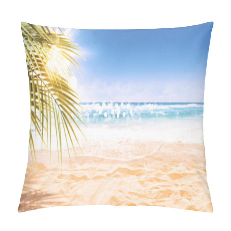 Personality  Beautiful Exotic Beach View With Sand And Palm Trees, Summer Vacations And Travel Background Pillow Covers