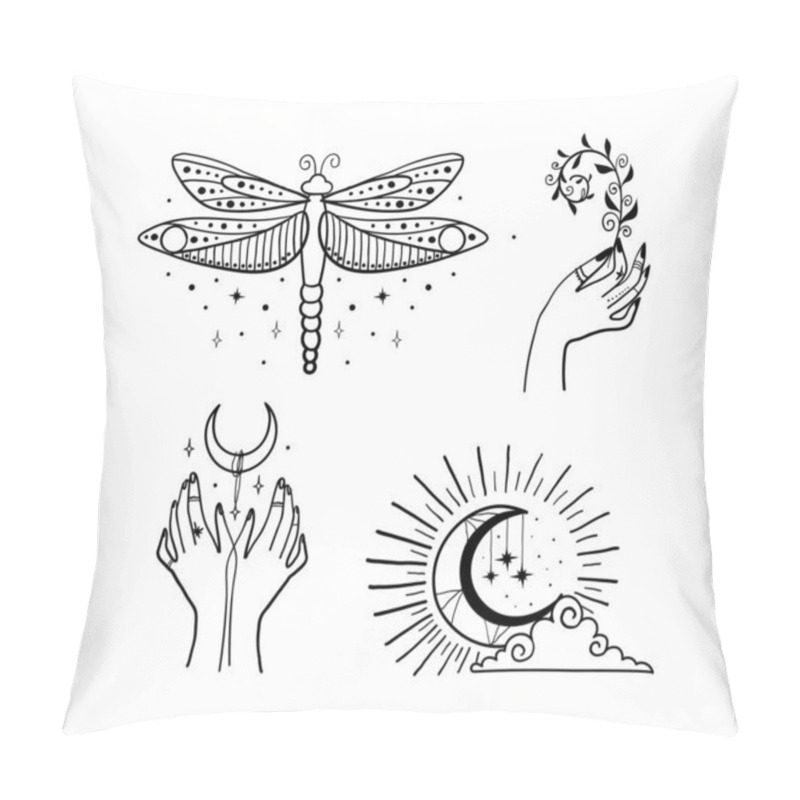 Personality  Set Of Beautiful Black Mystical Elements In Boho Style, Dragonfly, Crescent, Female Hands. Elements For Design Of Tarot, Tattoo, Sticker. Magical And Astrological Objects. Linear Vector Illustration Pillow Covers