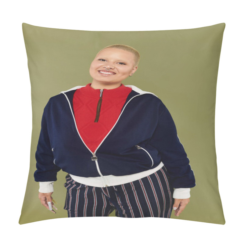 Personality  A Cheerful Young Bald Woman Showcases Her Vibrant Outfit While Standing Confidently. Pillow Covers