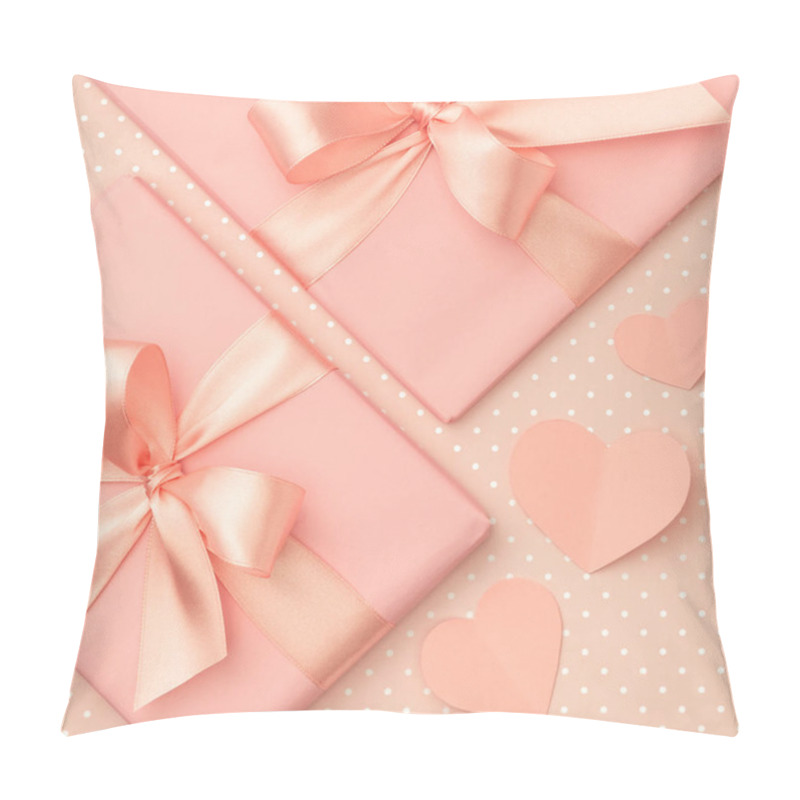 Personality  Valentine Day Idea Composition: Pink Or Coral Present Box With Ribbon And Small Hearts On Living Coral Background. Top View. Flat Lay Pillow Covers