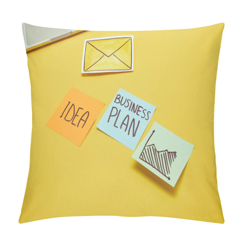 Personality  Paper Stickers With Words, Idea And Business Plan On Yellow Surface Pillow Covers