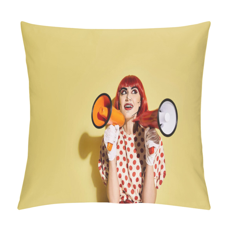 Personality  A Striking Redhead Woman With Pop Art Makeup Holds A Megaphone Against A Vibrant Yellow Background. Pillow Covers